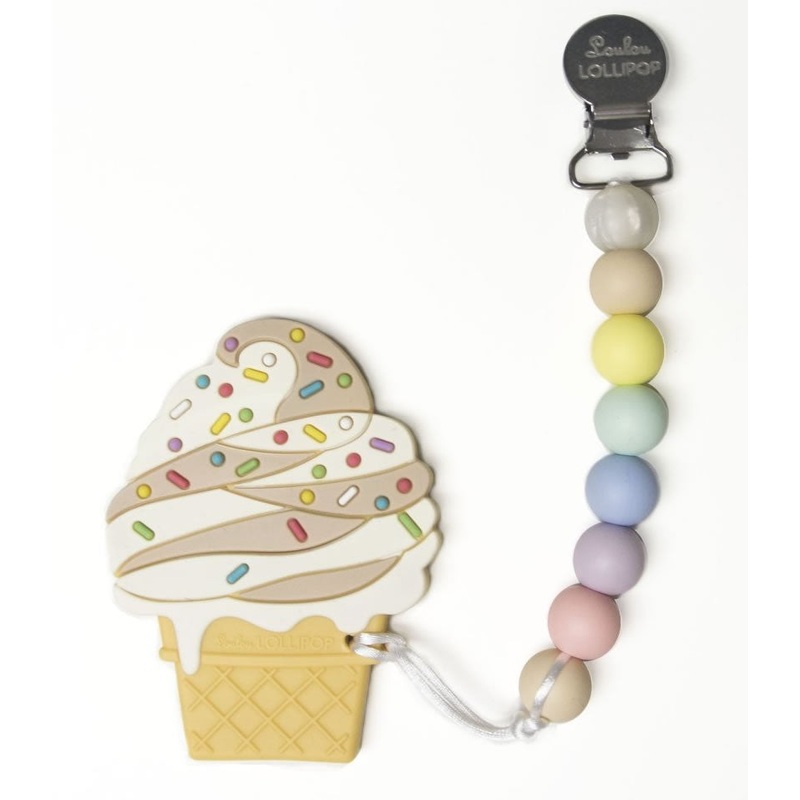 Loulou Lollipop Silicone Teether with Clip – Ice Cream/Chocolate Swirl