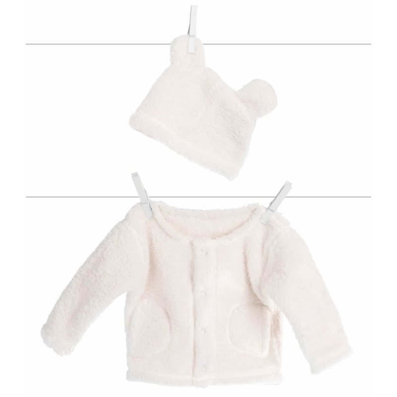 Little Giraffe Warm & Fuzzy Cardigan + Cap in Blue, 3-6 Months in Cream
