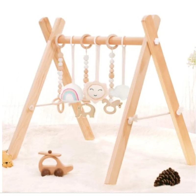 Wooden Baby Gym with 6 Gym Toys, Foldable Baby Play Gym, Natural Pine Wood Play Gym, Frame Activity Center Hanging Bar, Wooden Play Gym
