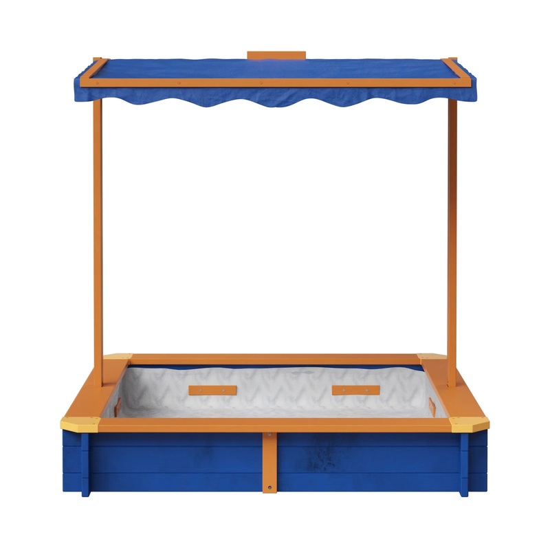 4′ Square Solid Wood Sandbox with Rotatable Canopy Cover, Honey/Blue