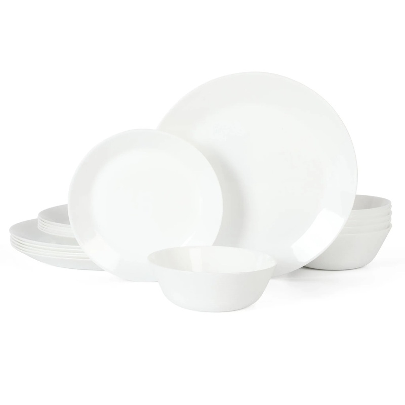 Opalton 18pc Chip and Break Resistant Opal Glass Dinnerware Set: Solid White