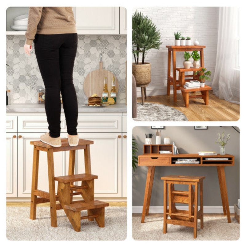 3-in-1 Rubber Wood Step Stool With Convenient Handle-Dark Brown
