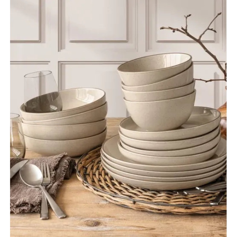 16 Pc Dinnerware Stoneware Dinner Plate and Bowl Set New Beige