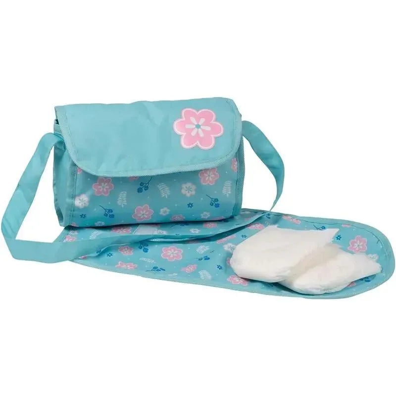 Adora – Baby Doll Diaper Bag, Includes Changing Mat and 2 Doll Diapers, Blue Flower Power