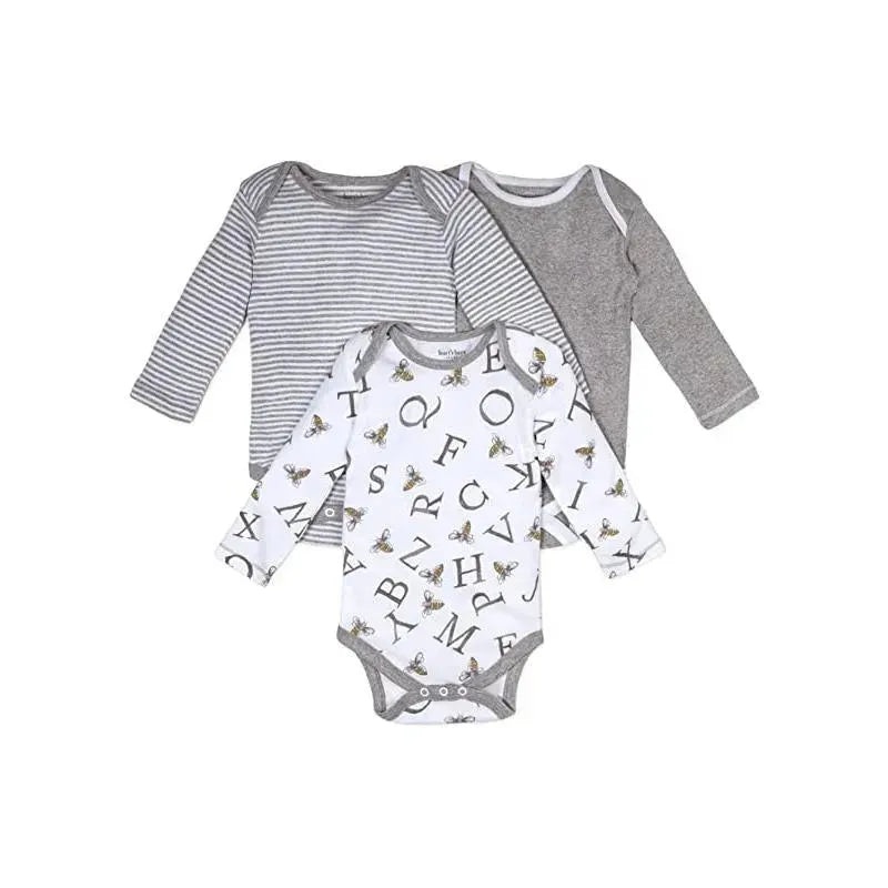 Burts Bees – 3Pk A-Bee-C Organic Long Sleeve Bodysuits, Heather Grey