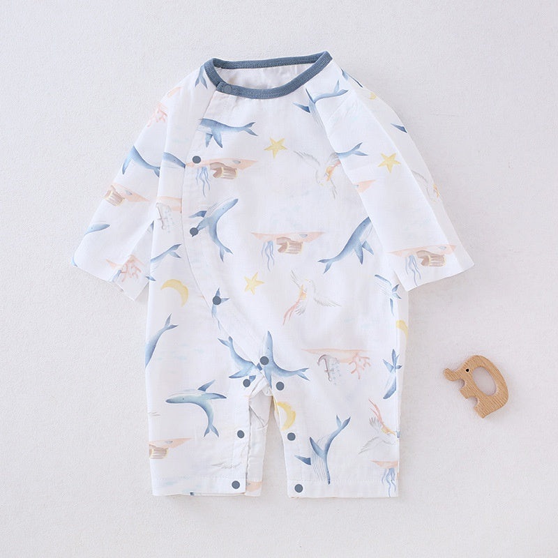 Cotton & Bamboo Muslin Long Sleeve Romper – Ocean Ocean 0-3 M