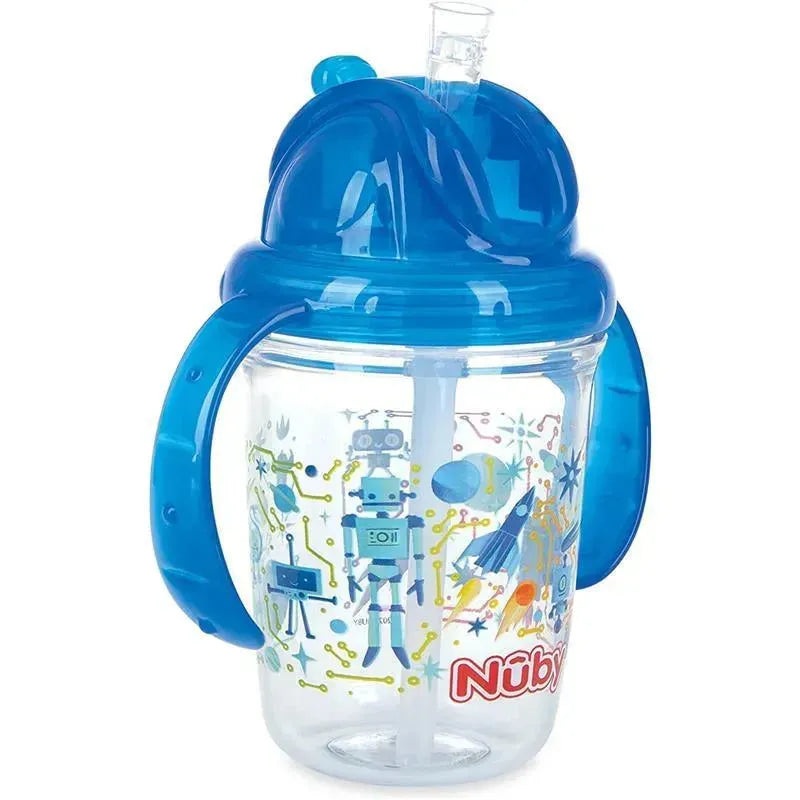 Nuby – Blue Tritan 2 Handle No-Spill Flip-it Fat Straw Printed Cup, 8Oz