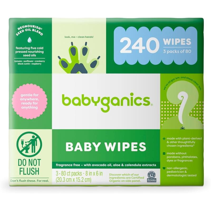 Babyganics – 3Pk Baby Wipes, Unscented Diaper Wipes (240 Count)