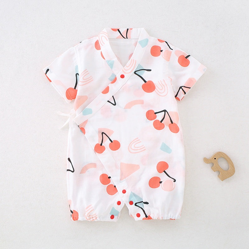 Cotton & Bamboo Muslin Short Sleeve Romper – Cherry Cherry 0-3 M