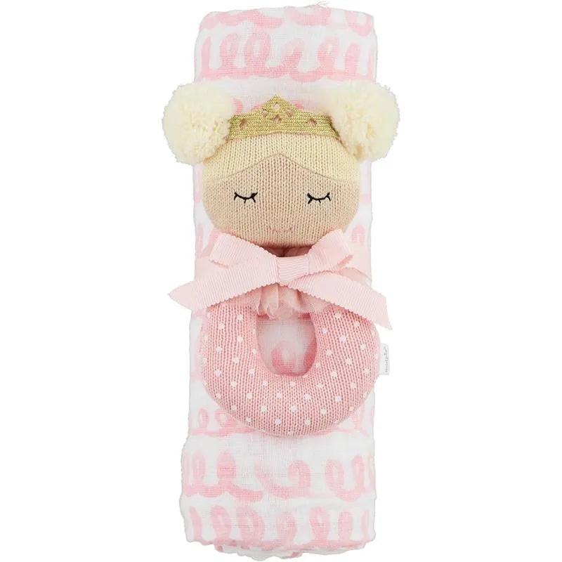 Mud Pie – Baby Girl Pink Swirl Swaddle & Rattle Set