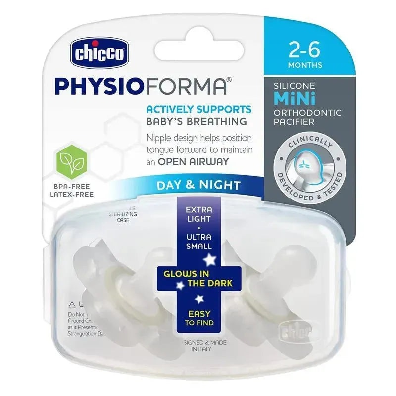 Chicco PhysioForma Glow in the Dark Mini Orthodontic Pacifier – 2-6m 2pk