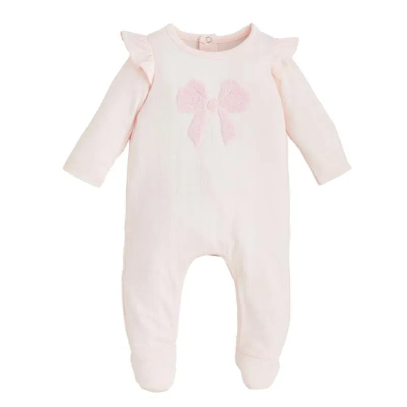 Mud Pie – Baby Girl Pink Boucle Bow Sleeper, 6/9M
