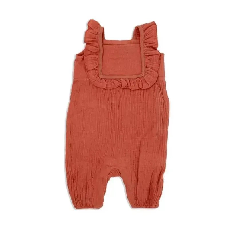 Rose Textiles – 2Pk Baby Girl Muslin Dungaree & Hat Set, Terracotta