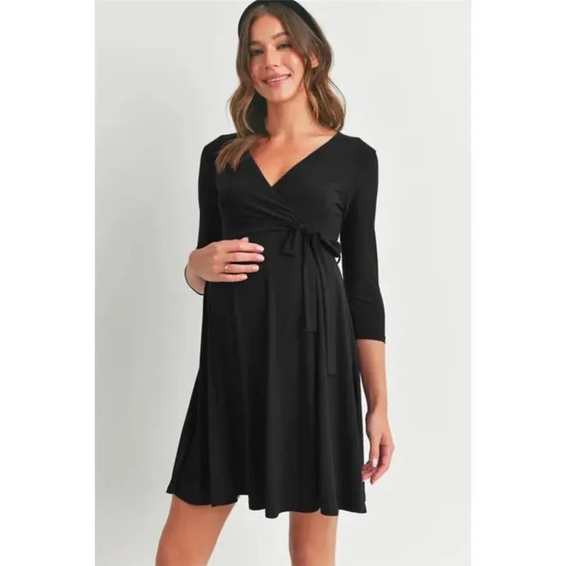 Hello Miz – Surplice Quarter Sleeve Nursing Waist Tie Dress, Black