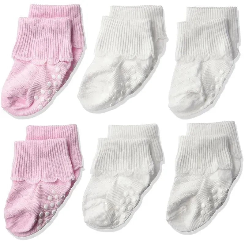 Jefferies Socks Baby Girls’ Non-Skid Scalloped Turn Cuff 6 Pack, White/Pink