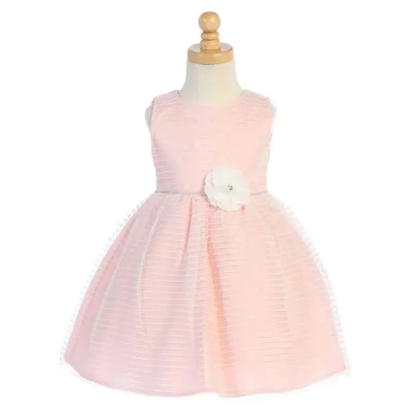 Lito – Baby Girl Striped Tulle Dress With Rhinestone Trim & Flower At Waist, Light Pink
