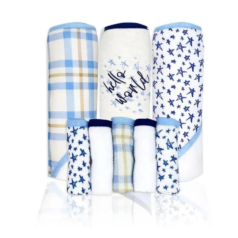 Rose Textiles – 3 Hooded Towels W/ 5 Washcloths, Navy Hello World