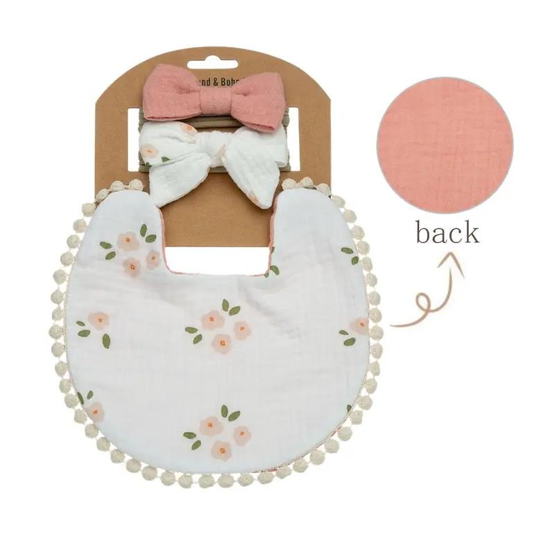 Little Trendy – Baby Floral Cotton Waterproofer Bib And Bows Headband Set, Color 1