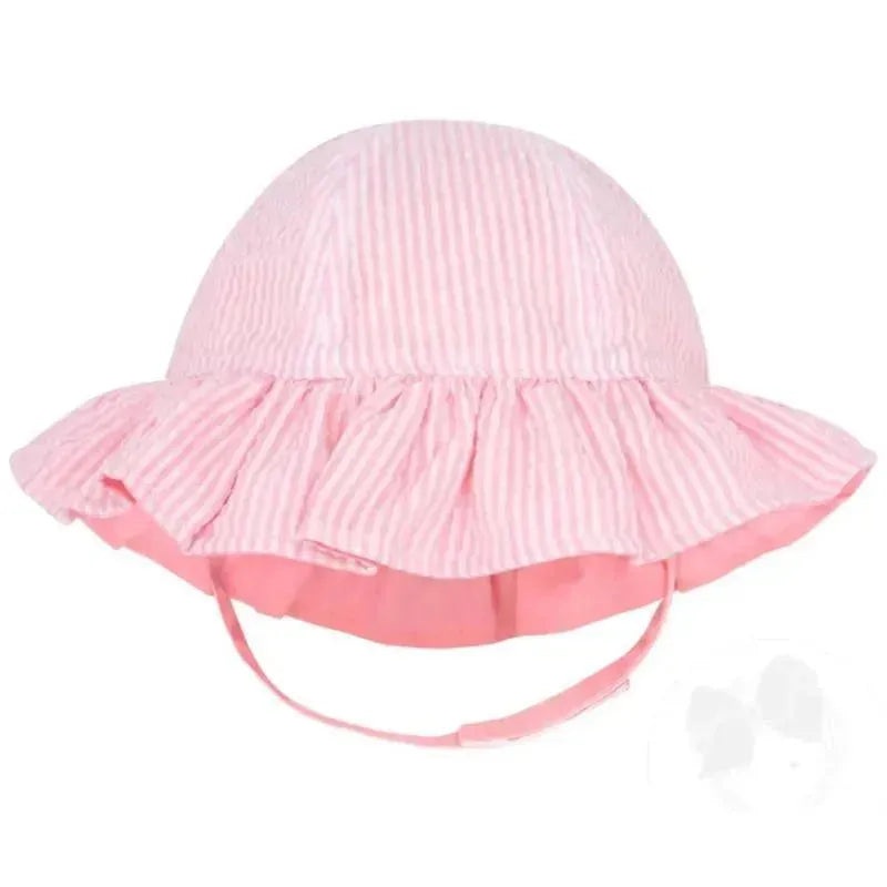 Wee Ones – Girls Reversible Ruffle Brim Seersucker Sun Hat, Pink Stripes