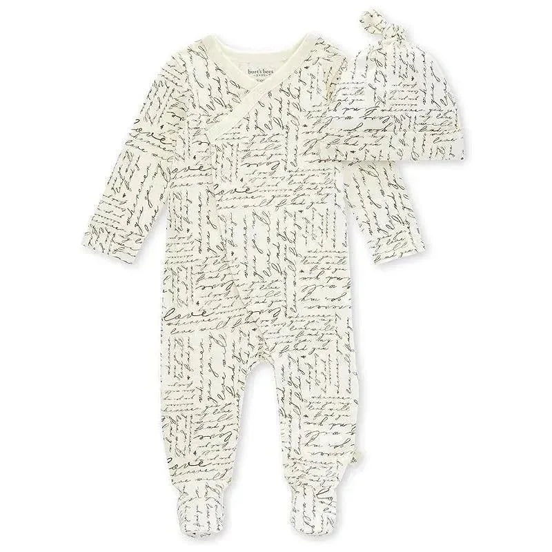 Burts Bees – My Love Will Follow Footed Jumpsuit & Knot Hat Set, Eggshell