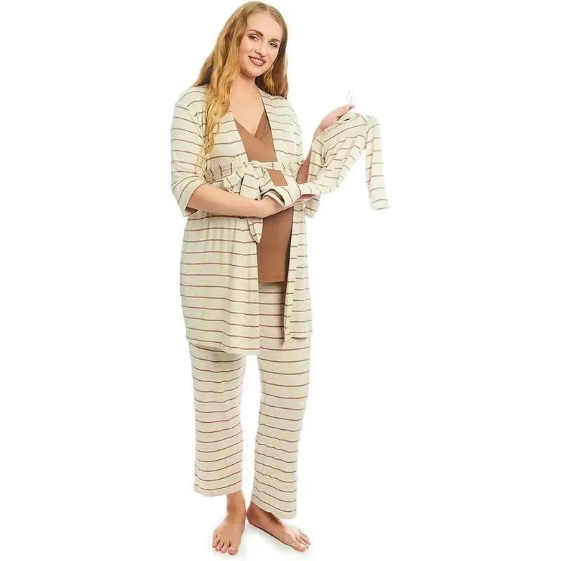 Everly Grey – Maternity and Nursing PJ Pant Set for Mom and Baby, Mocha Stripe, Small