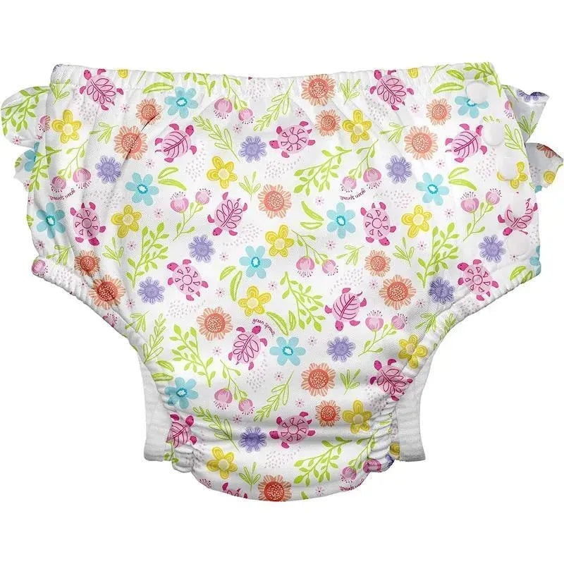 Green Sprouts – Reusable Eco Snap Ruffled Swim Diaper, White Turtle Floral