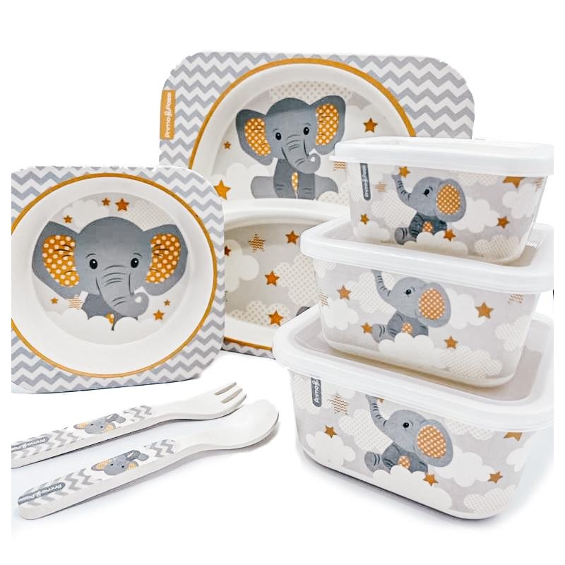 Primo Passi | Bamboo Fiber Kids Super Combo – Divided Square Plate, Square Bowl, Fork&Spoon, And 3 Food Container With Lids – Little Elephant