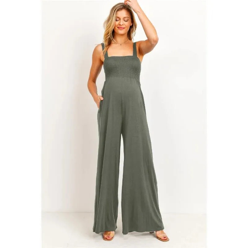 Hello Miz – Sleeveless Smocked Maternity Wideleg Jumpsuit, Olive