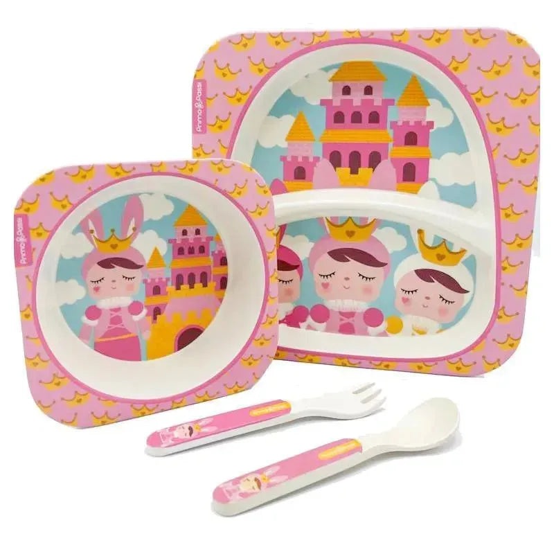 Primo Passi – Bamboo Fiber Kids Combo Divided Square Plate, Square Bowl & Fork&Spoon, Metoo