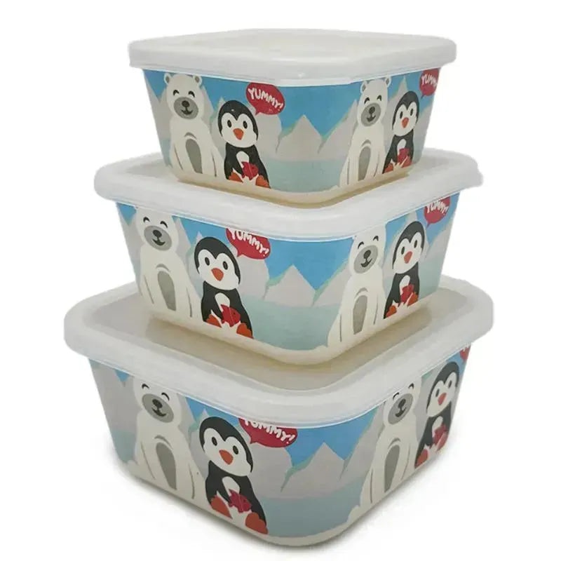 Primo Passi – 3Pk Bamboo Winter Friends Fiber Kids Food Containers, Penguin/Polar