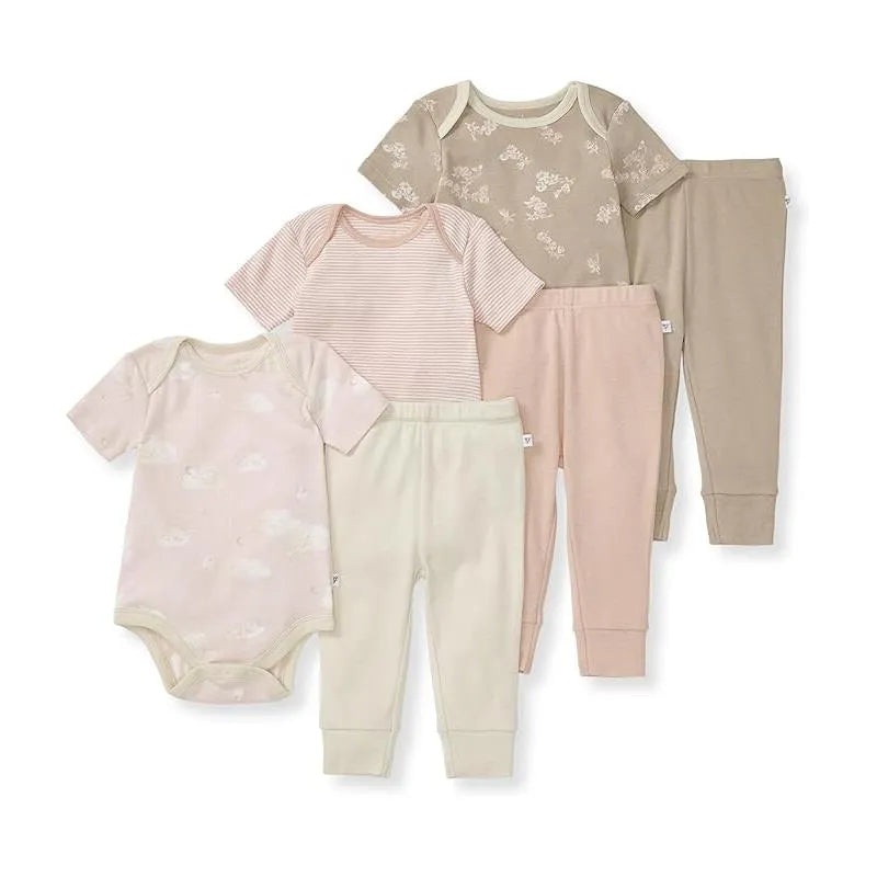 Burts Bees – 6Pk Baby Girl Organic Cotton Bodysuit & Pant Set, Ranunculus
