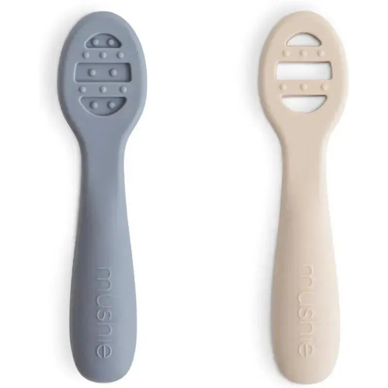 Mushie – Silicone First Feeding Baby Spoons, 2 Pack, Tradewinds, Shifting Sand