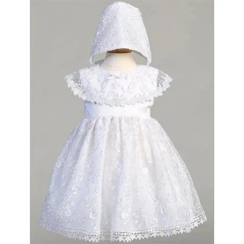 Lito – Baby Girl Embroidered Tulle Dress With Bonnet, White