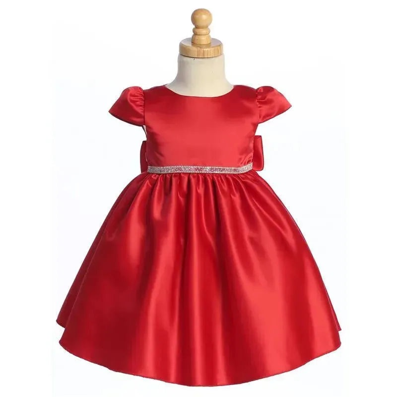 Lito – Baby Girl Satin dress with Beads & Rhinestone Trim, Christmas Red, 12-18M