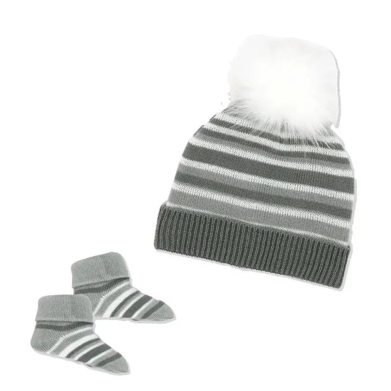 Rose Textiles – Baby Grey Striped Knit Hat & Bootie Set