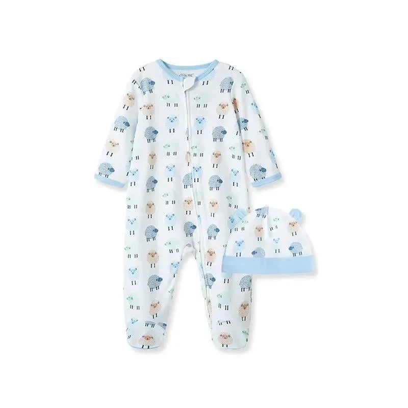 Little Me – Dotty Lambs Footie & Hat, White Print