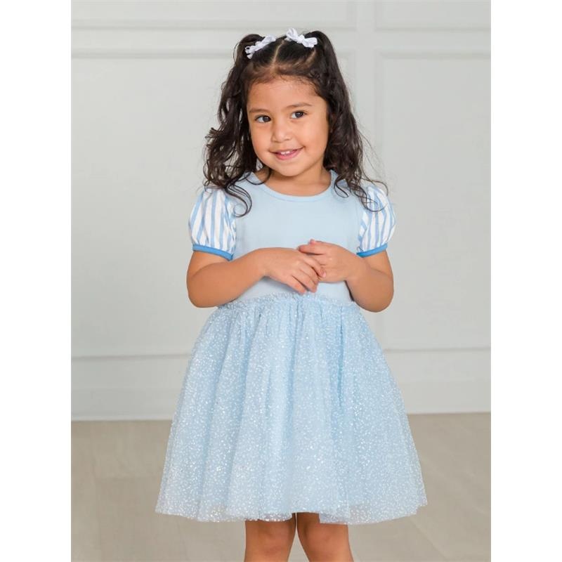 Rufflebutts – Baby Girl Short Sleeve Princess Bow Twirl Dress Crystal Blue Princess