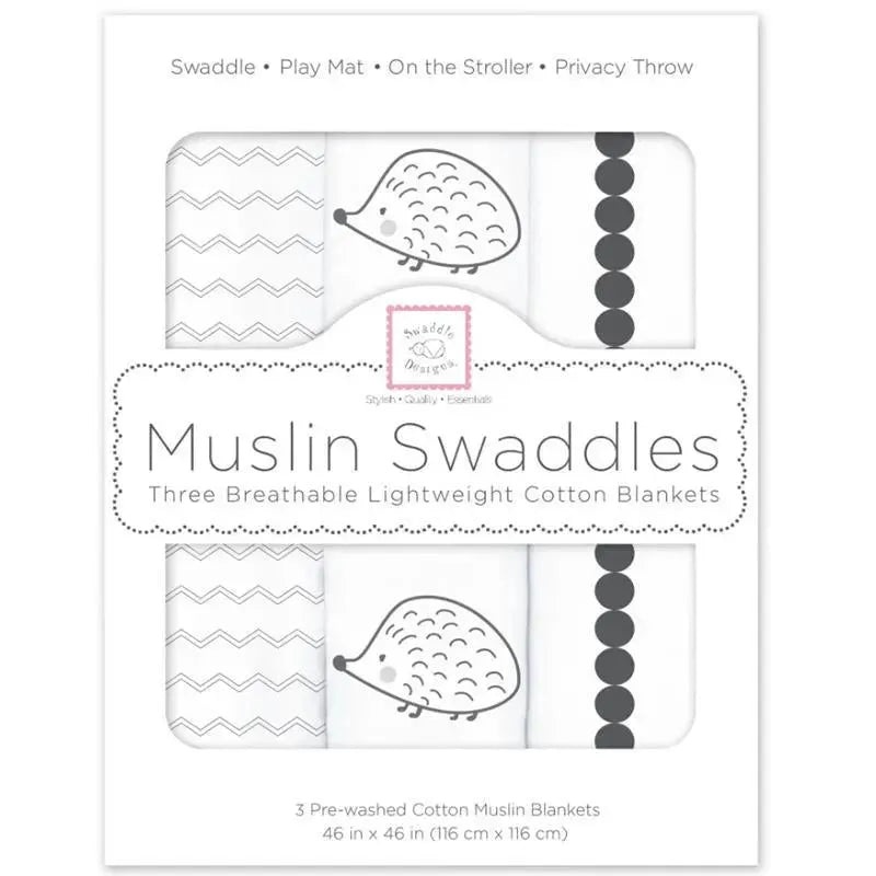 Swaddle Designs – 3Pk Muslin Swaddle Blankets, Hedgehog & Bumpkin