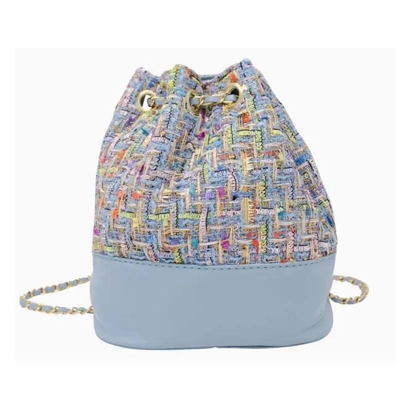 Tiny Treats – Tweed Drawstring Backpack Bag, Blue