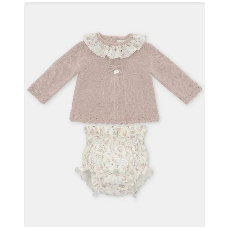 Martin Aranda – Baby Girl Peonia Set Sweater Matching Bloomer, Rosa Palo