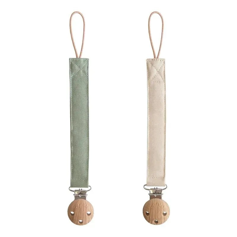 Mushie – Linen Pacifier Clip 2 Pack, Olive/Shifting Sand