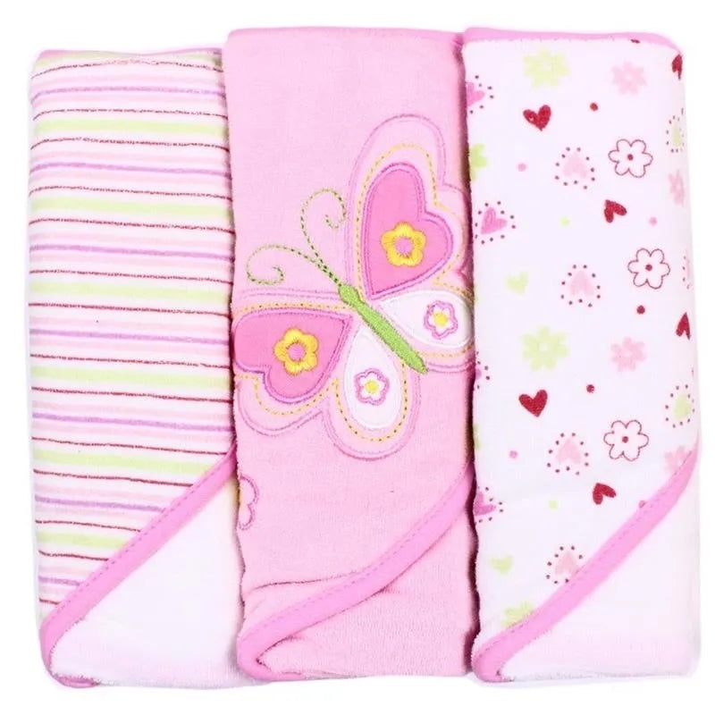 Spasilk Soft Terry Hooded Towel Set, Pink Butterfly 3-Pack