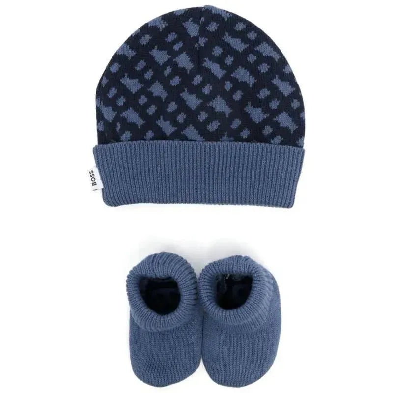 Hugo Boss – Geometric Intarsia Hat & Slippers Set, Navy