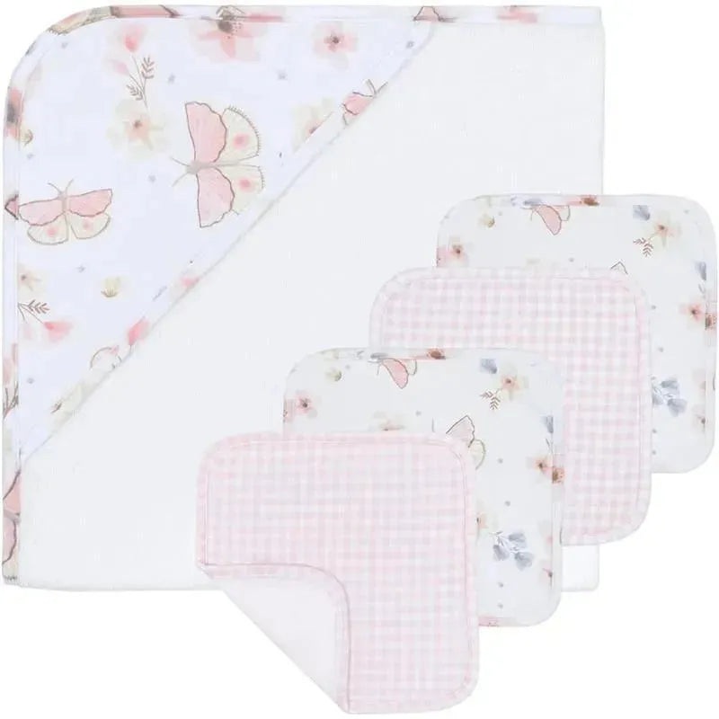 Living Textiles – Baby Hooded Towel 5pc Bath Gift Set, Fly Away, Pink