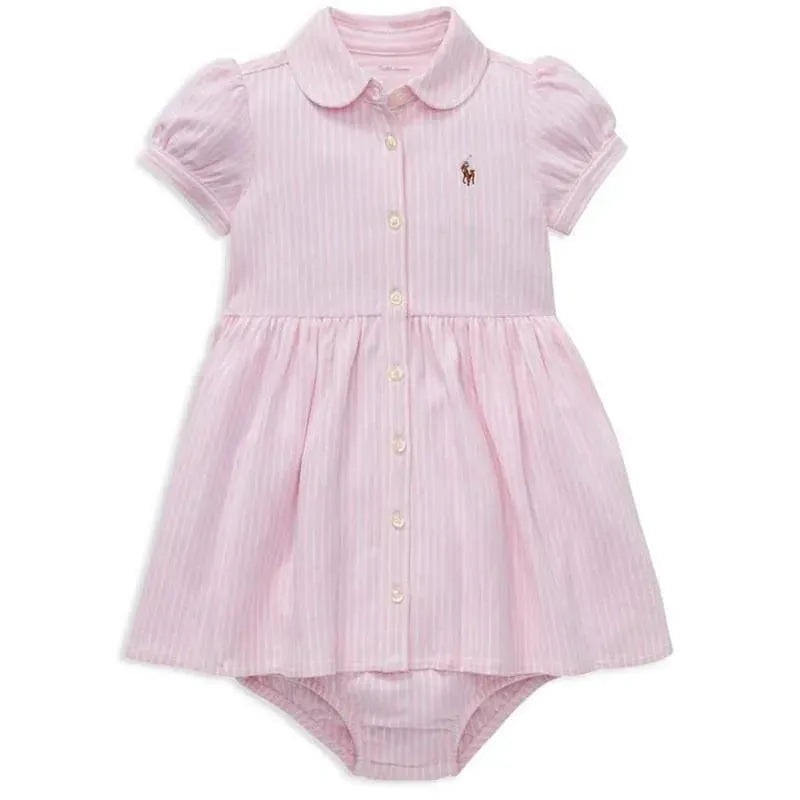 Ralph Lauren Baby – Striped Knit Oxford Dress & Bloomer, Camel Pink