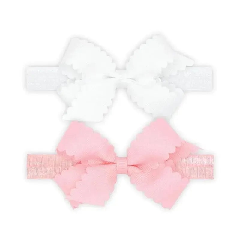 Wee Ones – Girls’ Two-Pack of Grosgrain Bows with Scalloped Edge, Mini, White/Pink