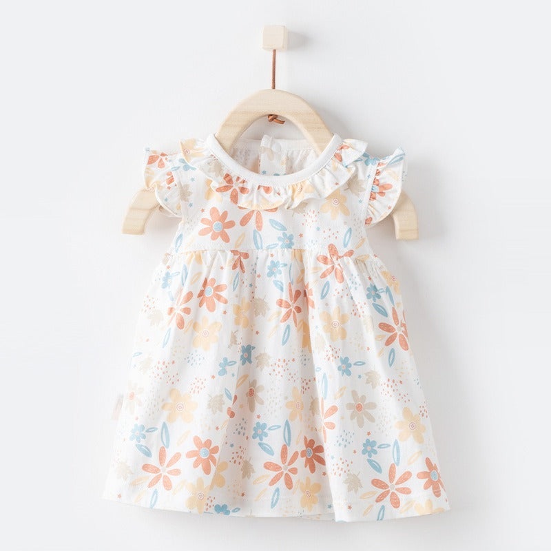 100% Cotton Flutter-Sleeve Dress – Orange Spring Flowers Orange Spring Flowers 6-9 M