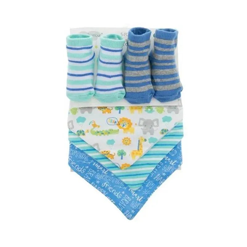 Baby King – 2Pk Baby Boy Bootie & 3Pk Bandana Bib Safari Animals, Blue