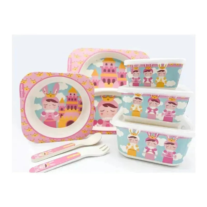 Primo Passi – Bamboo Fiber Kids Super Combo – Divided Square Plate, Square Bowl, Fork&Spoon, And 3 Food Container With Lids – Metoo