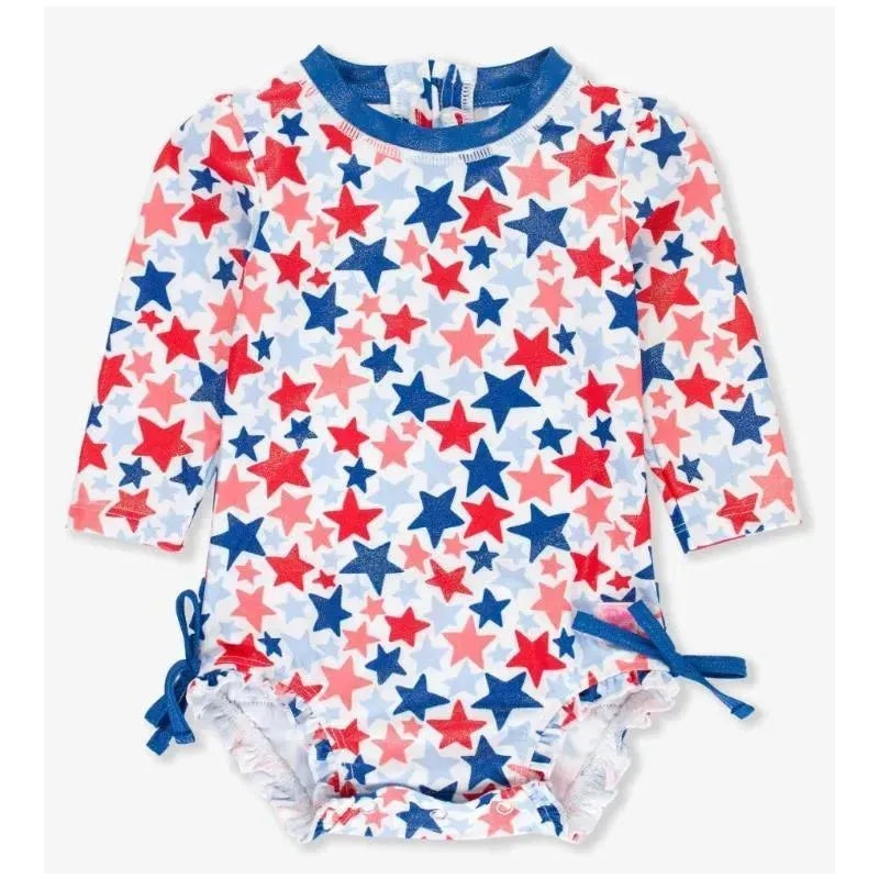 Rufflebutts – Shimmer Star-Spangled Long Sleeve One Piece Rash Guard White With Stars